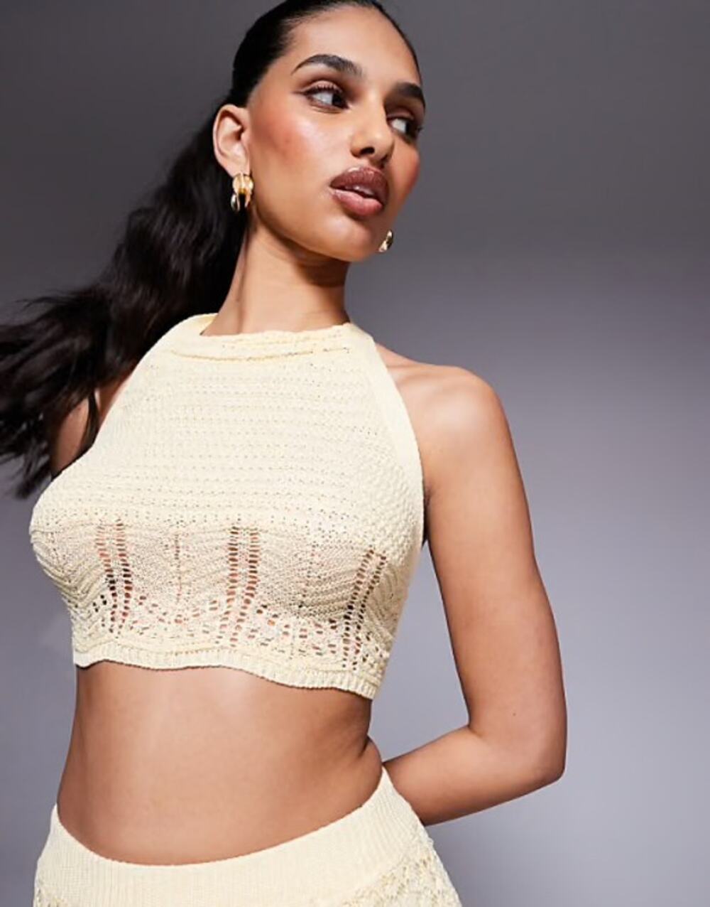 Princess Polly Crochet Halter Neck Tie Back in Yellow Size M/L